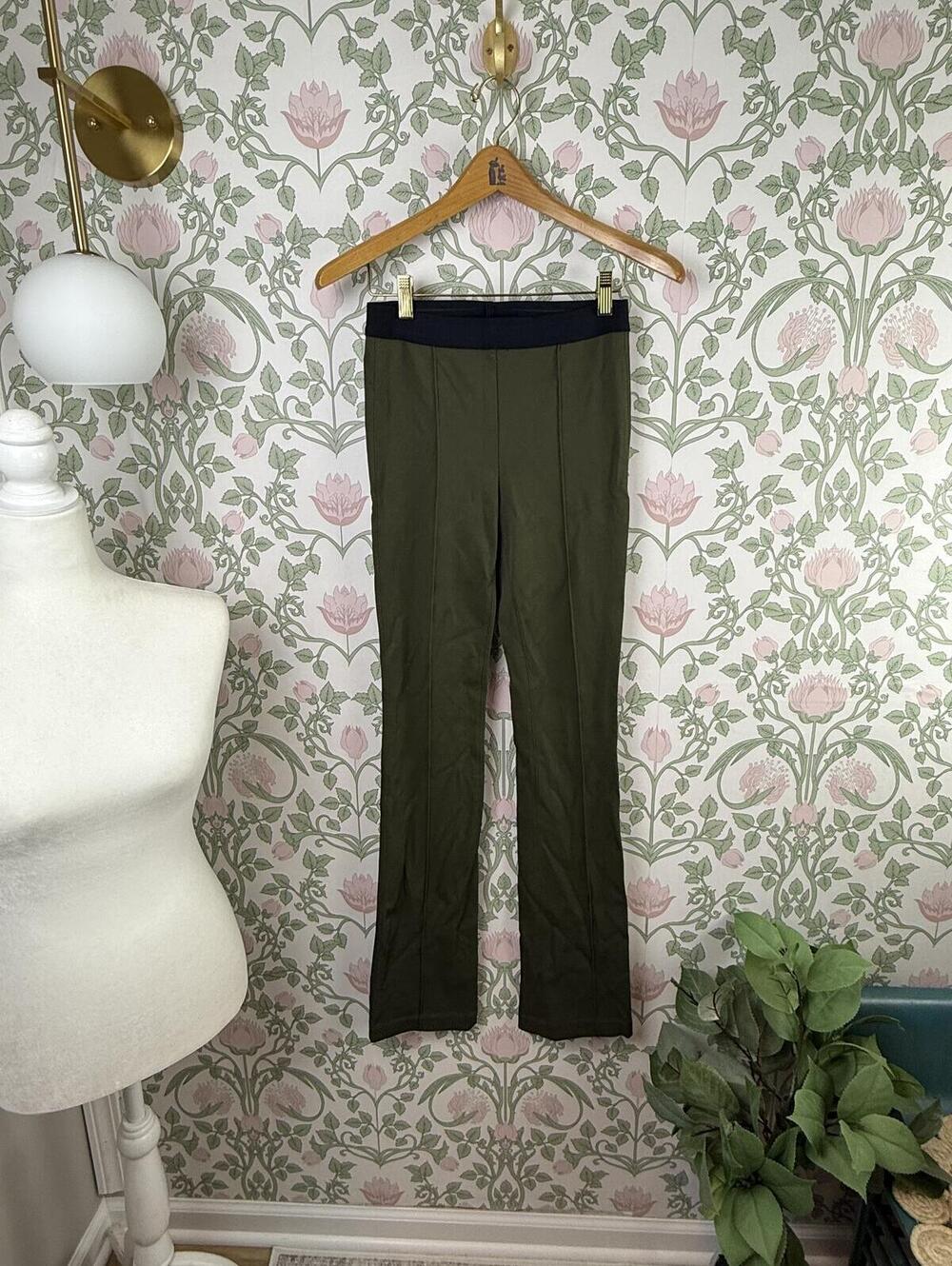 Helmut Lang Olive Double Needle Rib Flared Trousers Leggings - Size - Small - Picture 3 of 8
